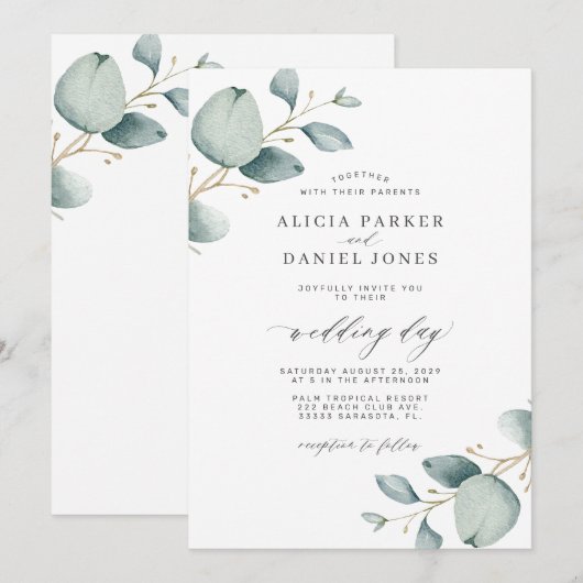 Moderne Eukalyptus-Hochzeit Einladung (Vorne/Hinten)