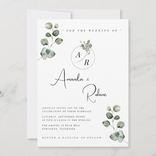 Moderne Eukalyptus-Hochzeit Einladung (Vorderseite)