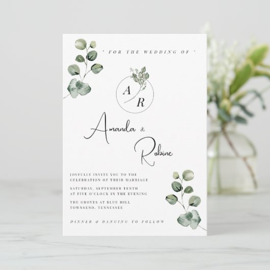 Moderne Eukalyptus-Hochzeit Einladung (Stehend Vorderseite)