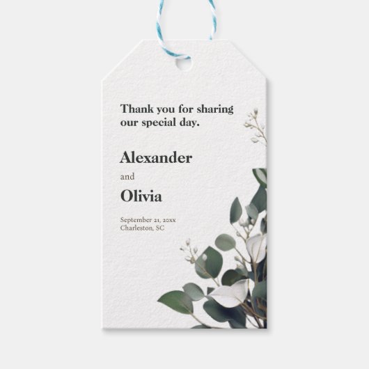 Moderne Eukalyptus-Hochzeit Geschenkanhänger (Vorderseite)