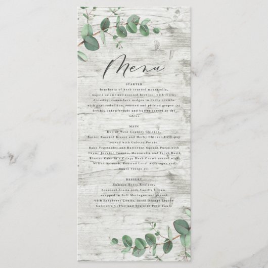 Moderne Eukalyptus-Hochzeit mit weißem Holz Menükarte (Vorderseite)
