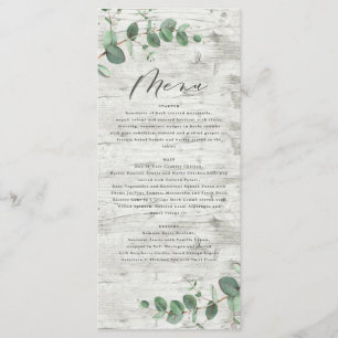 Moderne Eukalyptus-Hochzeit mit weißem Holz Menükarte