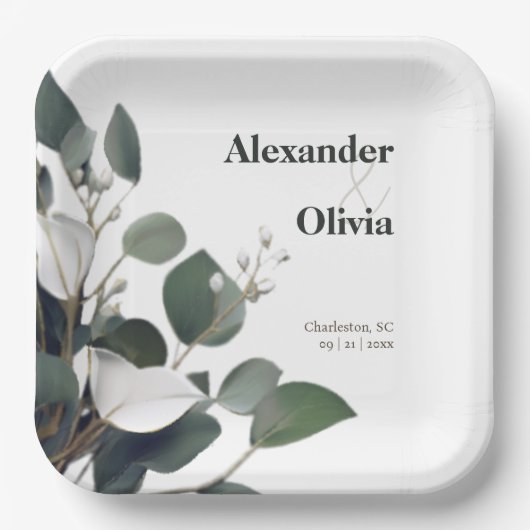 Moderne Eukalyptus-Hochzeit Pappteller (Vorderseite)