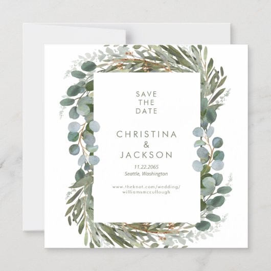 Moderne Eukalyptus-Hochzeit rettet das Datum Magneteinladung (Vorderseite)