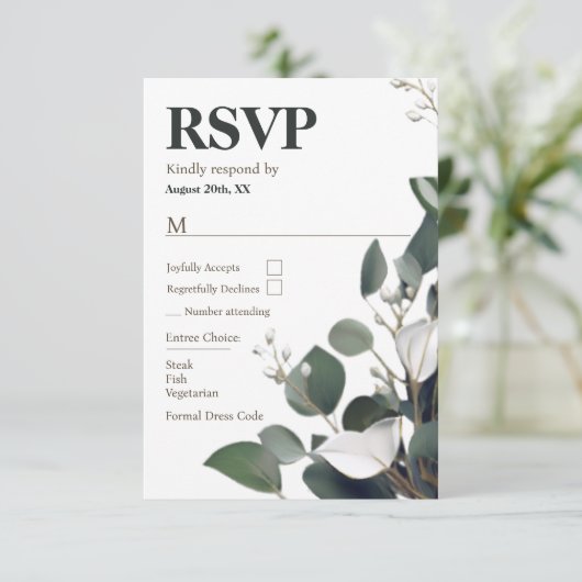 Moderne Eukalyptus-Hochzeit RSVP Karte (Stehend Vorderseite)