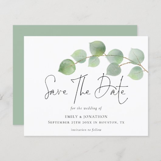 Moderne Eukalyptus-Hochzeit spart das Datum (Vorne/Hinten)