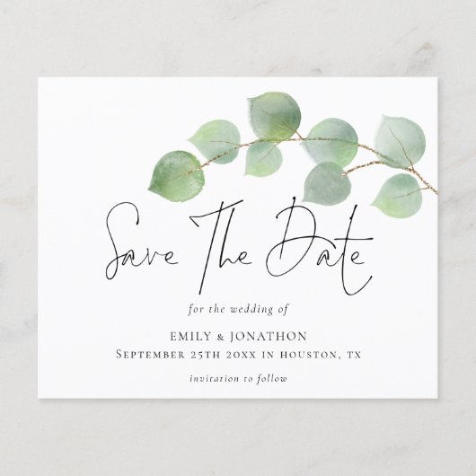 Moderne Eukalyptus-Hochzeit spart das Datum (Vorderseite)