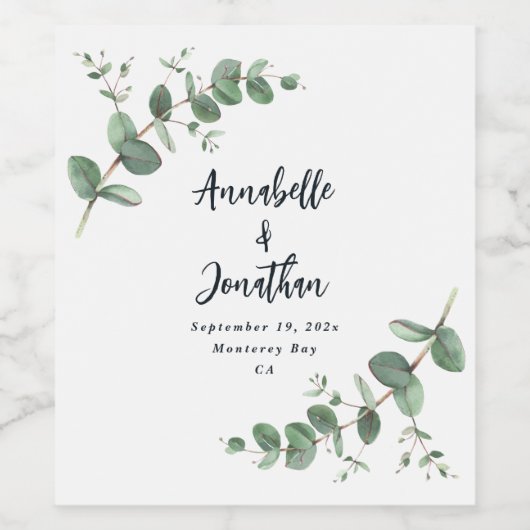 Moderne Eukalyptus-Hochzeit Weinetikett (Einzelnes Label)