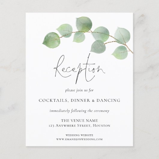 Moderne Eukalyptus-Hochzeitsempfangsdetails (Vorderseite)