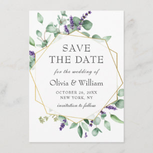 Moderne Eukalyptus-Lavendel-Blumen-Foto-Hochzeit Save The Date