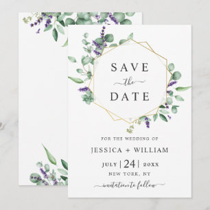 Moderne Eukalyptus-Lavendel-Geometrie-Rahmen-Hochz Save The Date