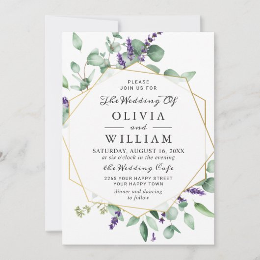 Moderne Eukalyptus Lavender Foliage FOTO Wedding Einladung (Vorderseite)