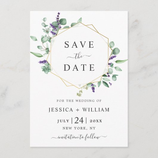 Moderne Eukalyptus Lavender Foliage FOTO Wedding Save The Date (Vorderseite)