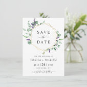 Moderne Eukalyptus Lavender Foliage FOTO Wedding Save The Date (Stehend Vorderseite)
