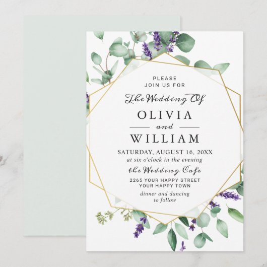 Moderne Eukalyptus Lavender Geometric Frame Weddin Einladung (Vorne/Hinten)