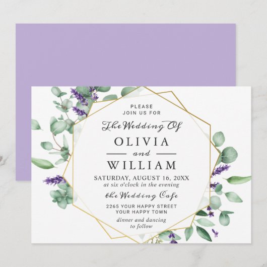Moderne Eukalyptus Lavender Geometric Frame Weddin Einladung (Vorne/Hinten)