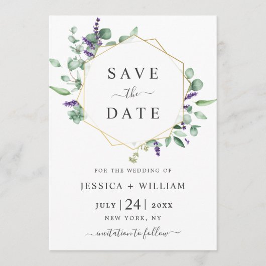 Moderne Eukalyptus Lavender Geometric Frame Weddin Save The Date (Vorderseite)