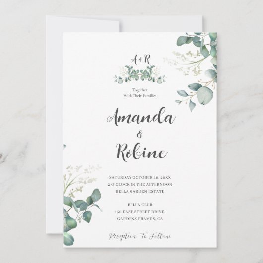 Moderne Eukalyptus Leaf Hochzeit Einladung (Vorderseite)