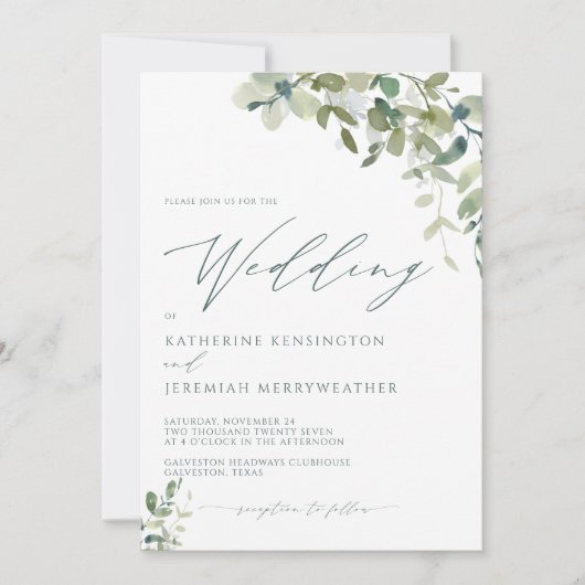Moderne Eukalyptus-Minimalistische Script-Hochzeit Einladung (Vorderseite)