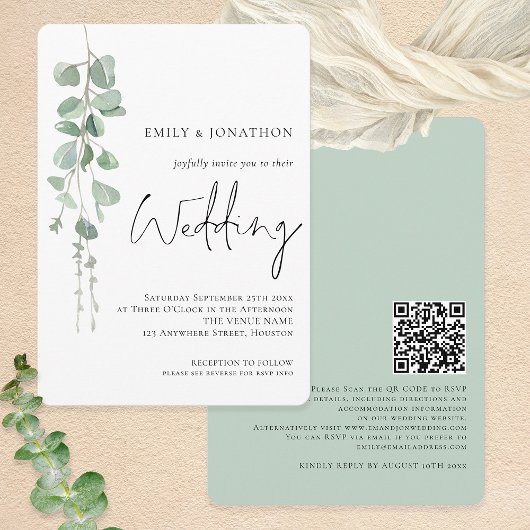 Moderne Eukalyptus QR Code Skript Hochzeit Einladung