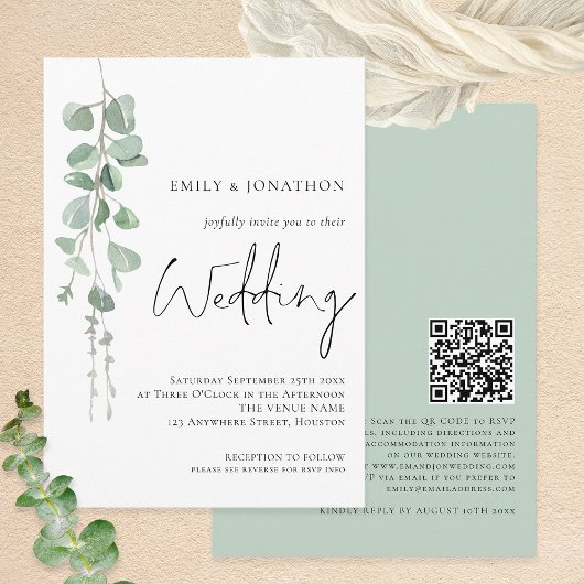 Moderne Eukalyptus QR Code Skript Hochzeit Einladung