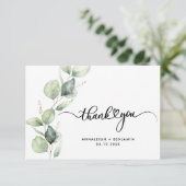 Moderne Eukalyptus Script Watercolor Wedding Dankeskarte (Stehend Vorderseite)