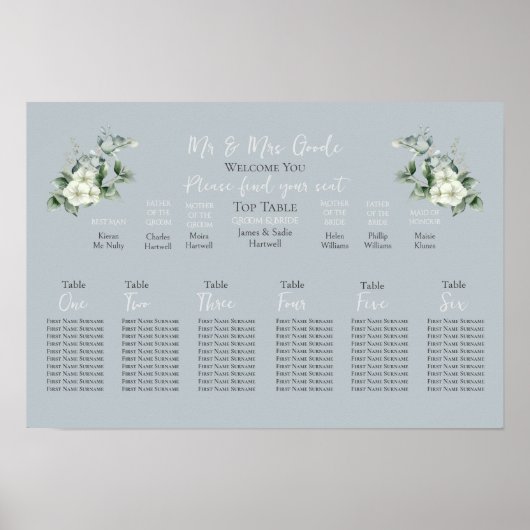 Moderne Eukalyptus-Sitztabelle 6 Tabellen Poster (Vorne)