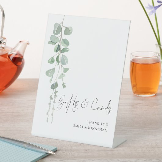 Moderne Eukalyptus-Skriptkarten Hochzeiten Sockelschild (In Situ)