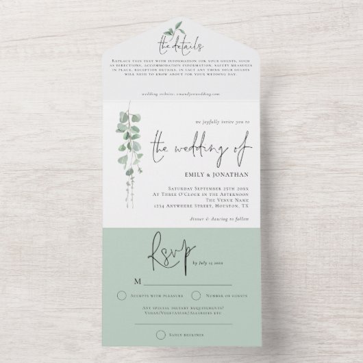 Moderne Eukalyptus-SkriptWedding All In One Einladung (Innen Boden)