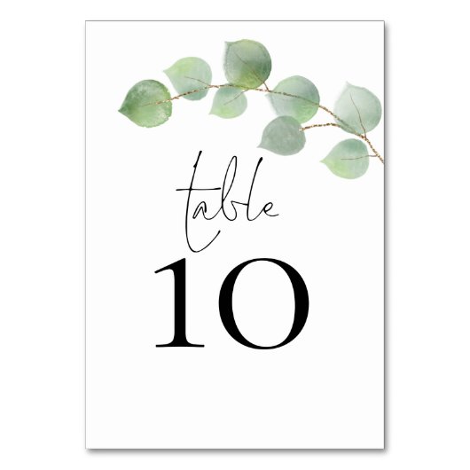 Moderne Eukalyptus-SkriptWedding Tischnummer (Vorderseite)