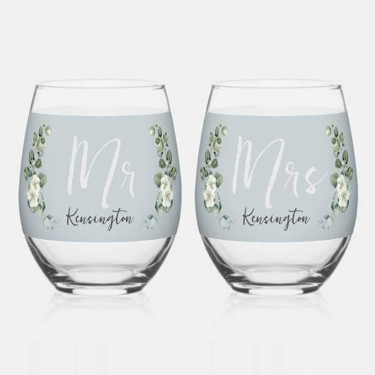 Moderne Eukalyptus-Stemless-Hochzeitbrille Weinglas Ohne Stiel (Vorderseite)