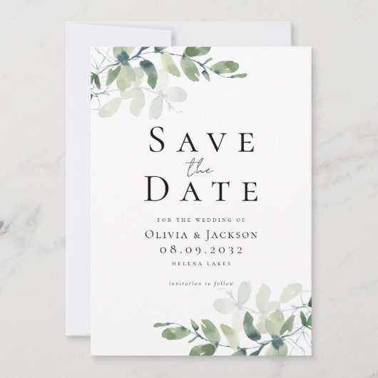 Moderne Eukalyptus-Typografie Save The Date (Vorderseite)