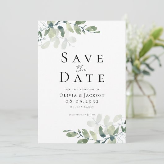 Moderne Eukalyptus-Typografie Save The Date (Stehend Vorderseite)