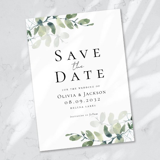 Moderne Eukalyptus-Typografie Save The Date