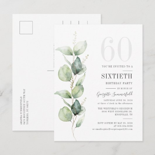Moderne Eukalyptus Watercolor Blätter 60. Geburtst Einladungspostkarte (Vorne/Hinten)