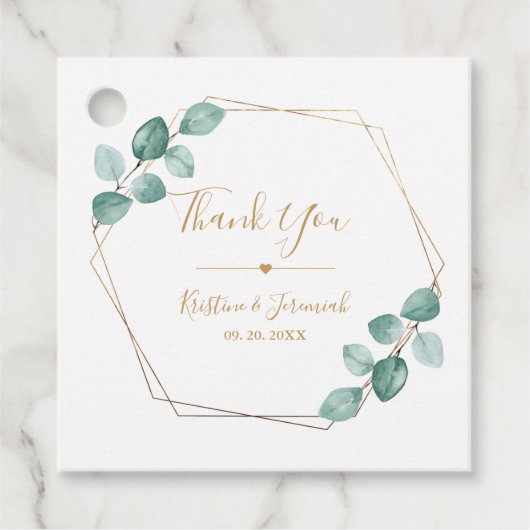 Moderne Eukalyptus Watercolor Gold Script Wedding Geschenkanhänger (Vorderseite)