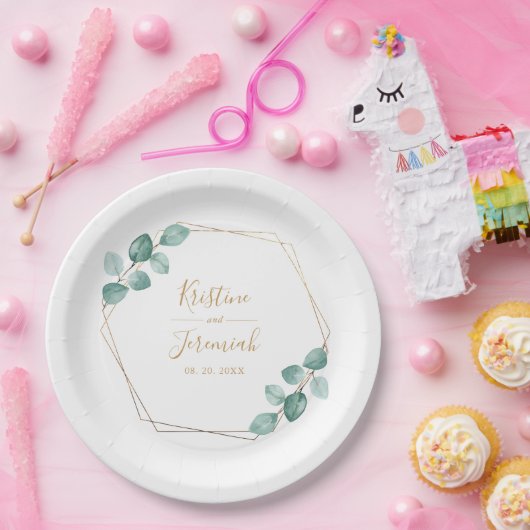 Moderne Eukalyptus Watercolor Gold Script Wedding Pappteller (Party)