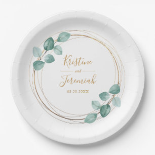 Moderne Eukalyptus Watercolor Gold Script Wedding Pappteller
