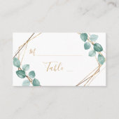 Moderne Eukalyptus Watercolor Gold Script Wedding Platzkarte (Vorderseite)