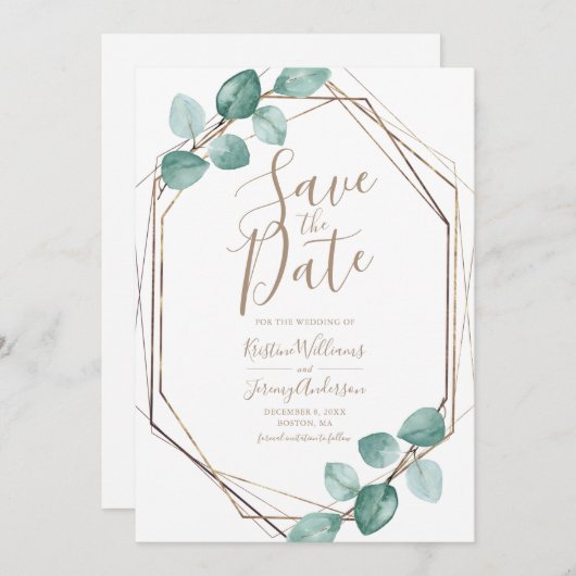 Moderne Eukalyptus Watercolor KupferskriptWedding Save The Date (Vorne/Hinten)