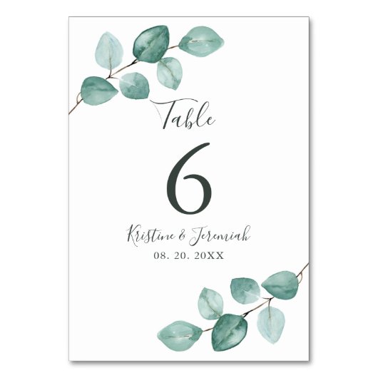 Moderne Eukalyptus Watercolor Schwarze Skriptereie Tischnummer (Rückseite)