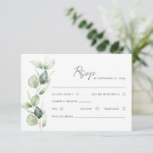 Moderne Eukalyptus-Watercolor-Script-Hochzeit RSVP Karte (Stehend Vorderseite)