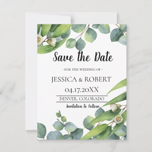 Moderne Eukalyptus Wedding retten das Datum Save The Date (Vorderseite)