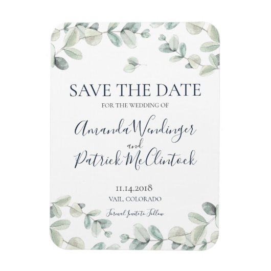 Moderne Eukalyptus Wedding Save the Date Magnete (Vertikal)