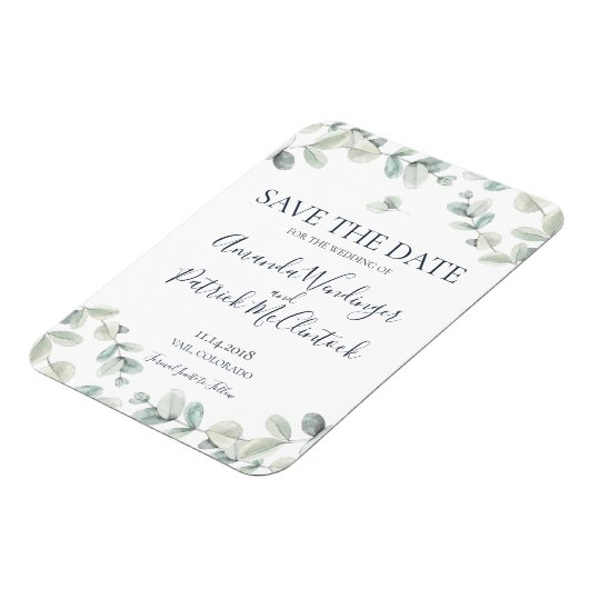 Moderne Eukalyptus Wedding Save the Date Magnete (Linke Seite)