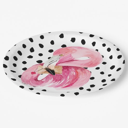 Moderne exotische rosa Aquarellfarben Flamingo & D Pappteller (Schrägansicht)