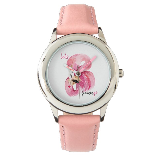 Moderne exotische Rosa Flamingo Wasserfarbe Armbanduhr (Vorderseite)