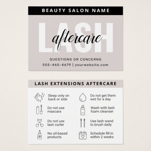 Moderne Eyelash Extensions Lash Aftercare Card (Vorne & Hinten)