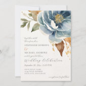 Moderne Fall Floral Navy Dusty Blue Ivory Hochzeit Einladung (Vorderseite)