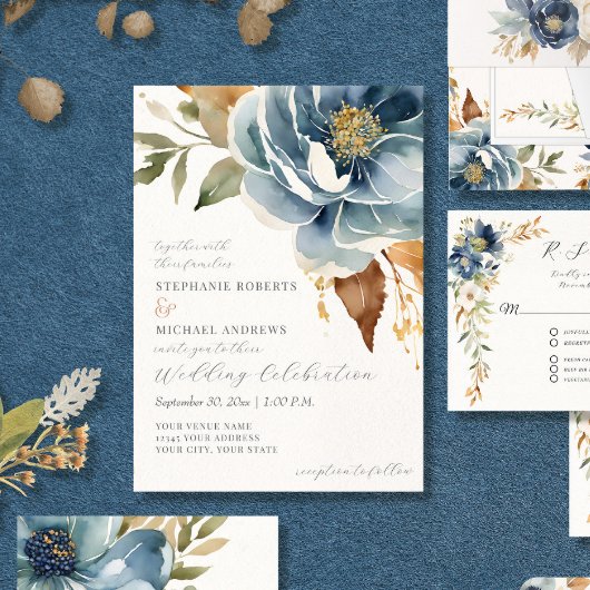 Moderne Fall Floral Navy Dusty Blue Ivory Hochzeit Einladung